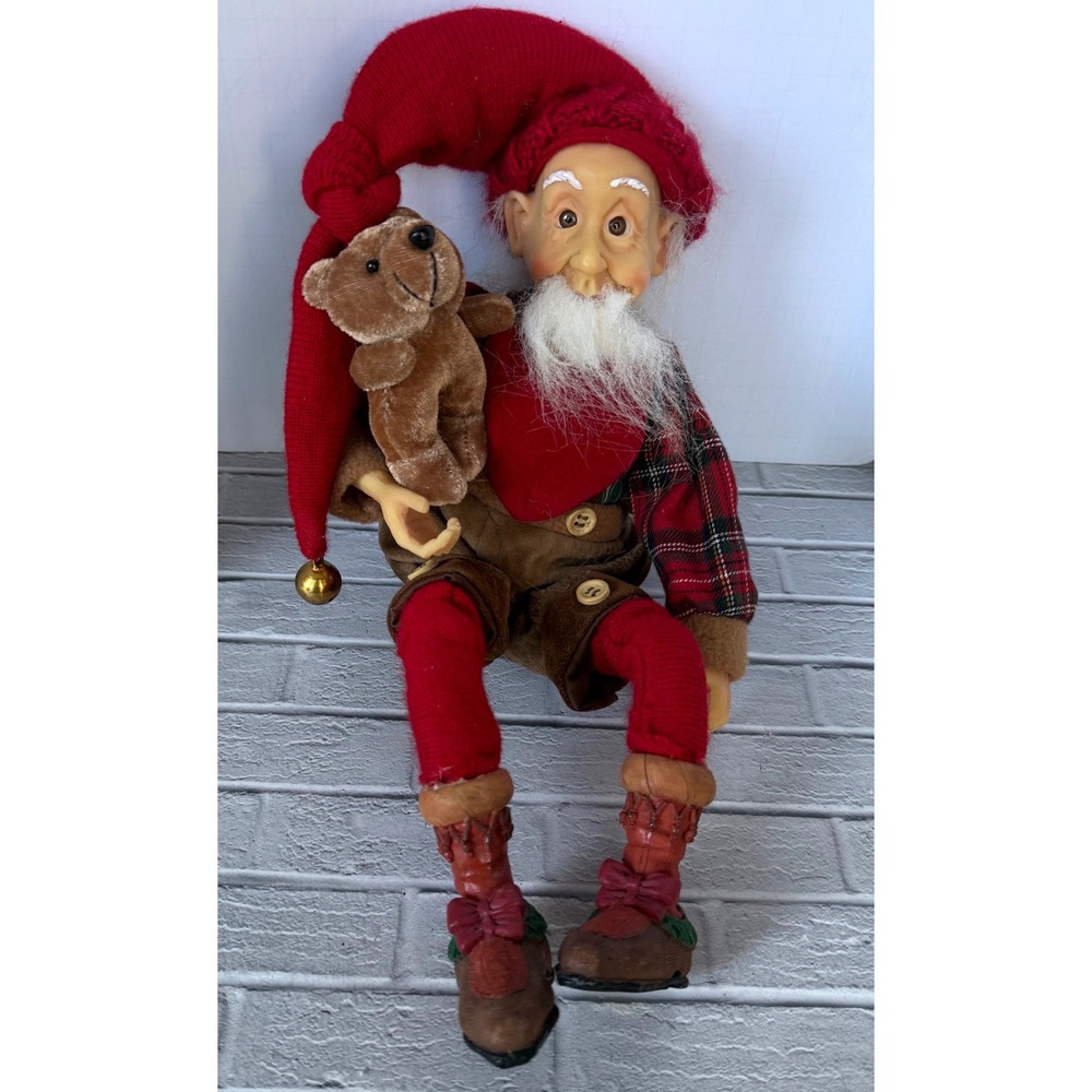 Vtg. Christmas Elf Shelf Sitter Figurine Red Plaid Heart Overalls Teddy Bear 14"
